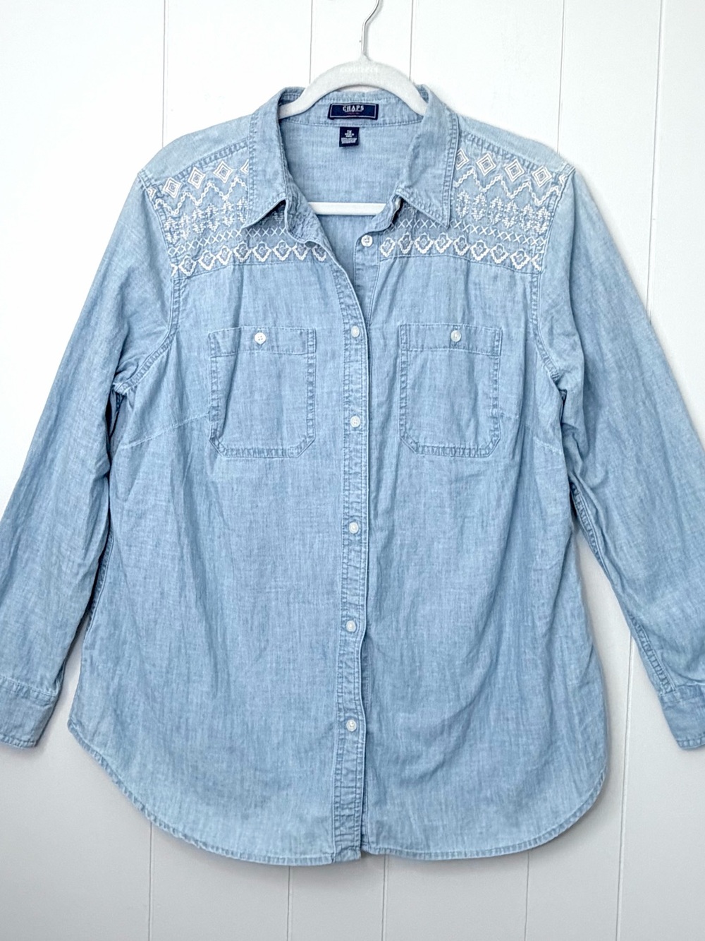 Chaps Denim Light Blue Embroidered Cotton Button Up Shirt Boho Cowgirl 1X